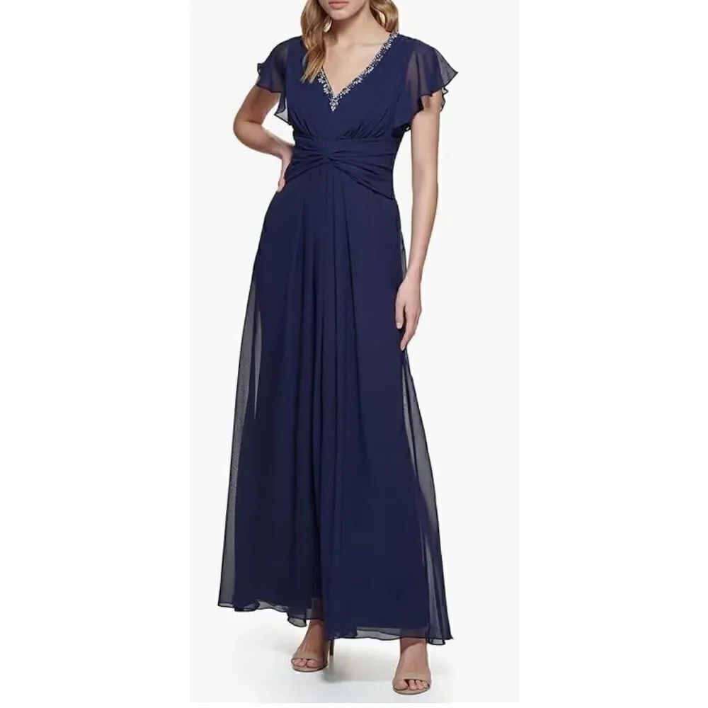 Eliza J Gown Twist Waist Chiffon Flutter Sleeve Beaded Vneck Dress NWT Size 6